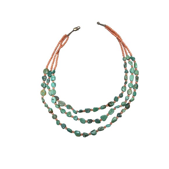 Vintage Multi strand Green-ish Blue Turquoise & Coral Beaded Necklace With Sterl